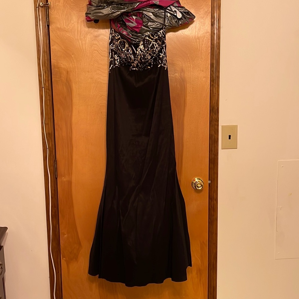 Deb black and gold prom dress